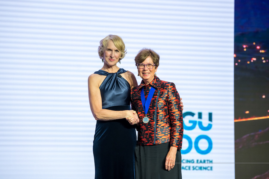 Susan Lozier, AGU president-elect, congratulates PICS executive director Sybil Seitzinger on being elected as an AGU Fellow.