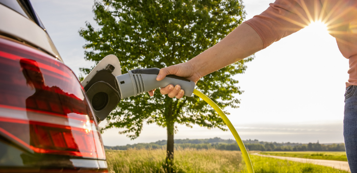 a person plugging a charging cable into an electric car in a scenic outdoor setting with a tree and sunlight in the background.