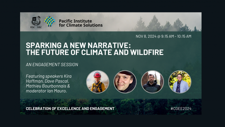 An image of trees, overlaid with the title "Sparking a New Narrative: The future of climate and wildfire" and showing photos of Kira Hoffman, Dave Pascal, Ian Mauro,