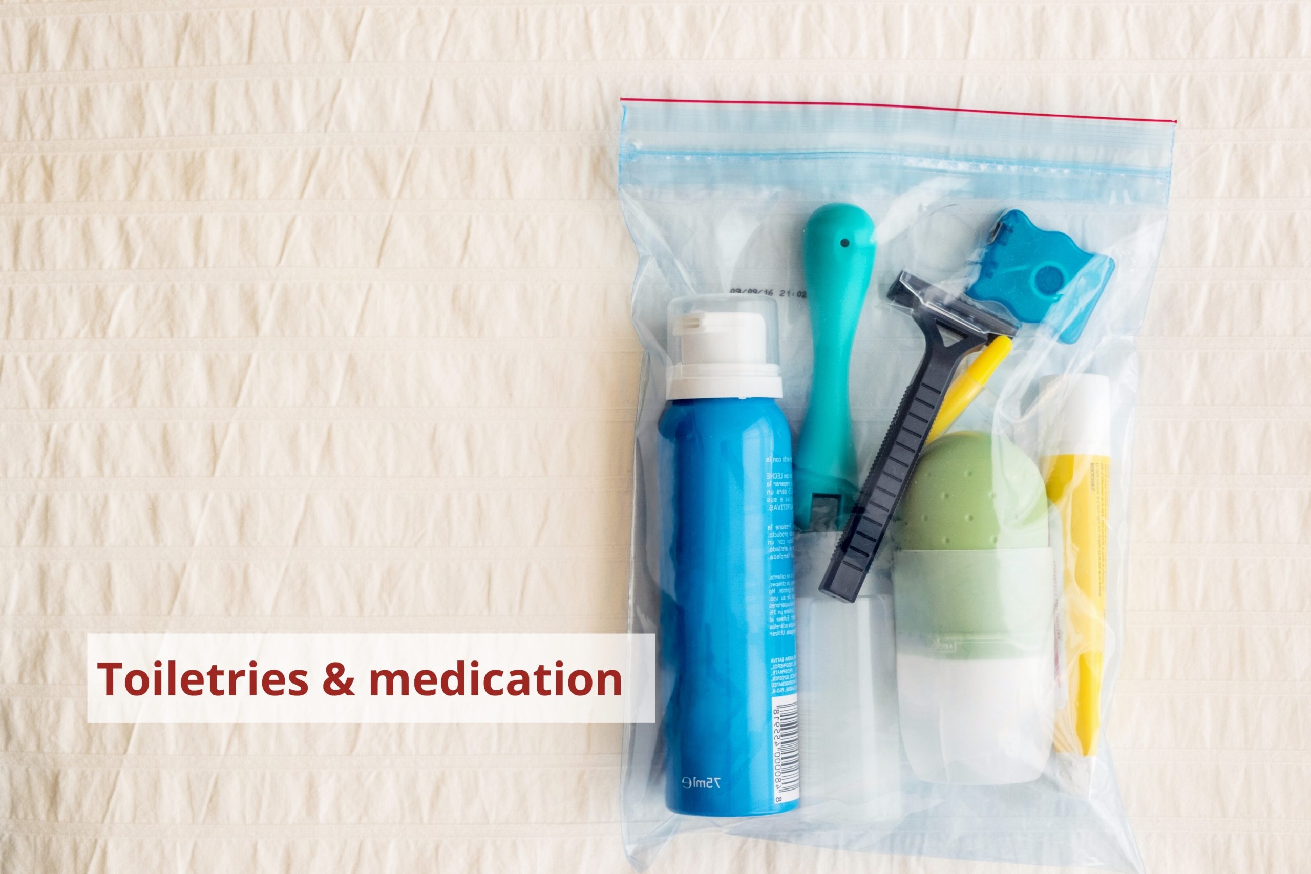 Toiletries (i.e., floss, razor) in a plastic bag. Credit: Zianlob.