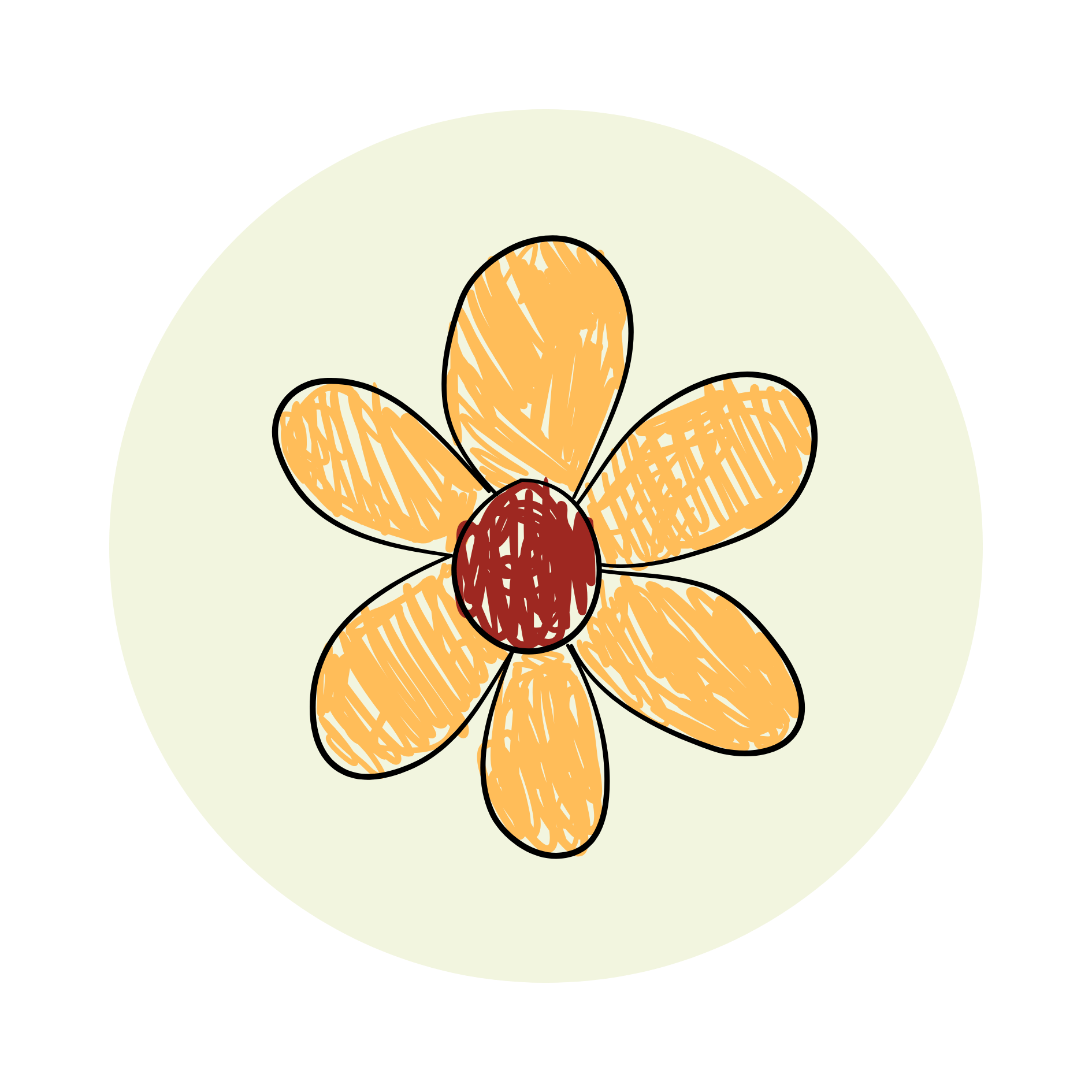 Drawing of a flower with yellow petals and a red center on a pale green background. Icon that signifies an activity or resource is geared towards children.