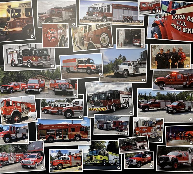 A collage of 29 photos featuring fire trucks, firefighters, and emergency vehicles that responded to the 2021 Lytton fires. Each image has a white border, arranged against a black background.