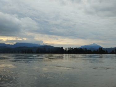 Fraser River and mountains just before sunset in Chilliwack, BC