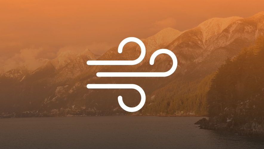 Icon for the 'Air Quality' section of the Fire Resilience Handbook. Photo shows the Sunshine Coast, with an orange gradient over top. A sketch of lines representing wind is overlaid on top. Photo credit: Ainaz Bozorgzadeh