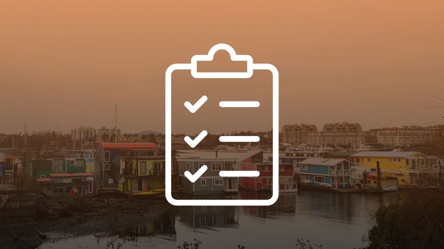 Icon for the 'Community Planning Toolkit' section of the Fire Resilience Handbook. Photo shows houses by the water, with an orange gradient over top. An icon of a clipboard is overlaid. Photo credit: Gabrielle Wong