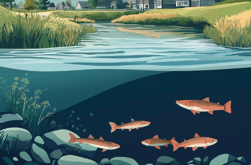 An image of salmon swimming in a river surrounded by grassy banks. Image made with MidJourney by Kees Lokman.