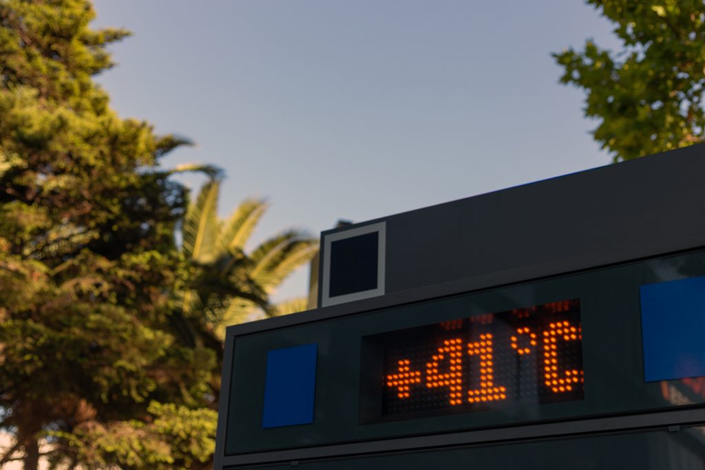 A digital sign that reads +41 degrees celsius in orange block numbers, the sky is clear and blue behind the sign and there are trees on either side of the sign.