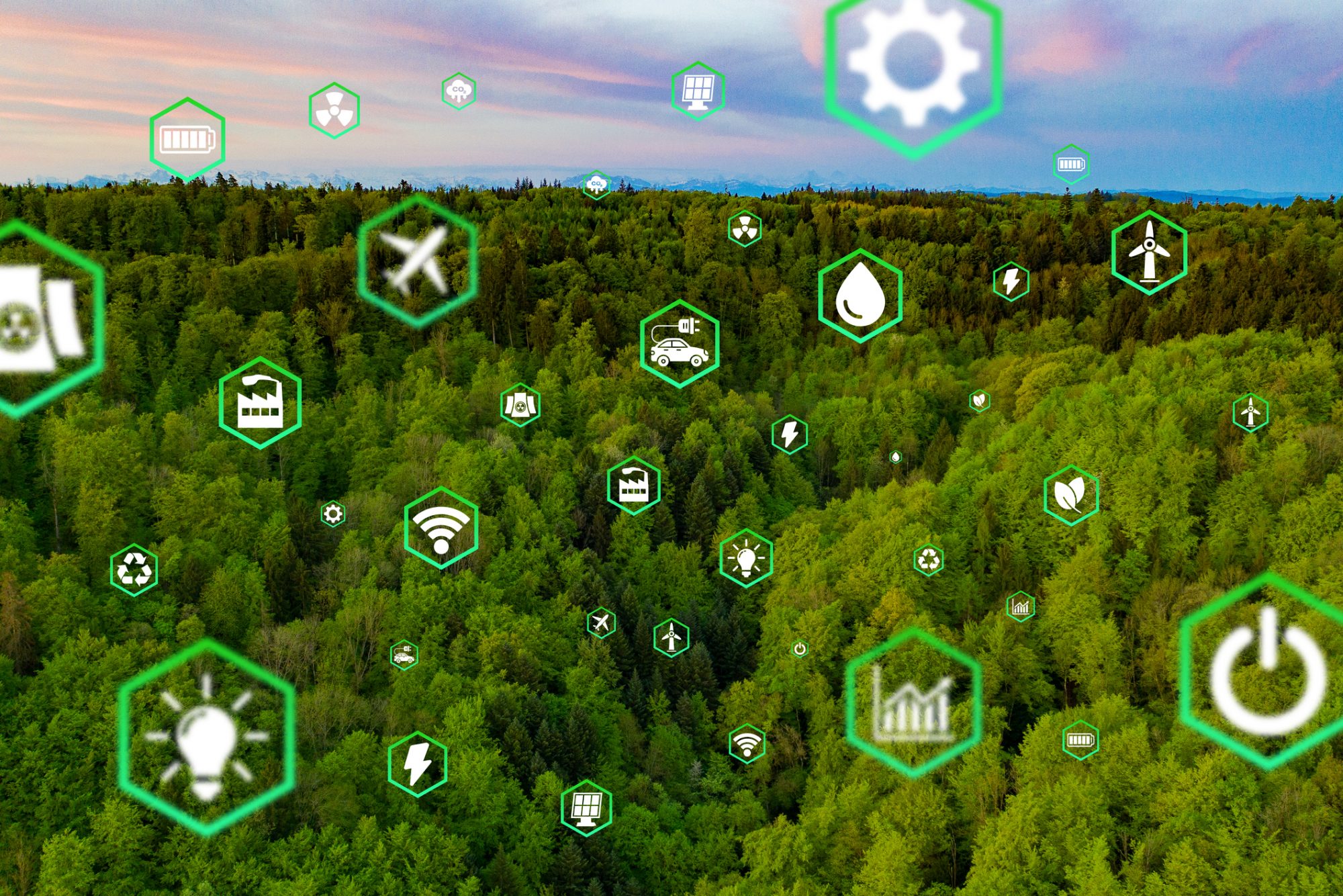 Icons of ecology on the background of deciduous leafy forest or blue ocean. Concept of environmental protection, renewable energy sources, bio-energy, green tech. SDGs. ESG.