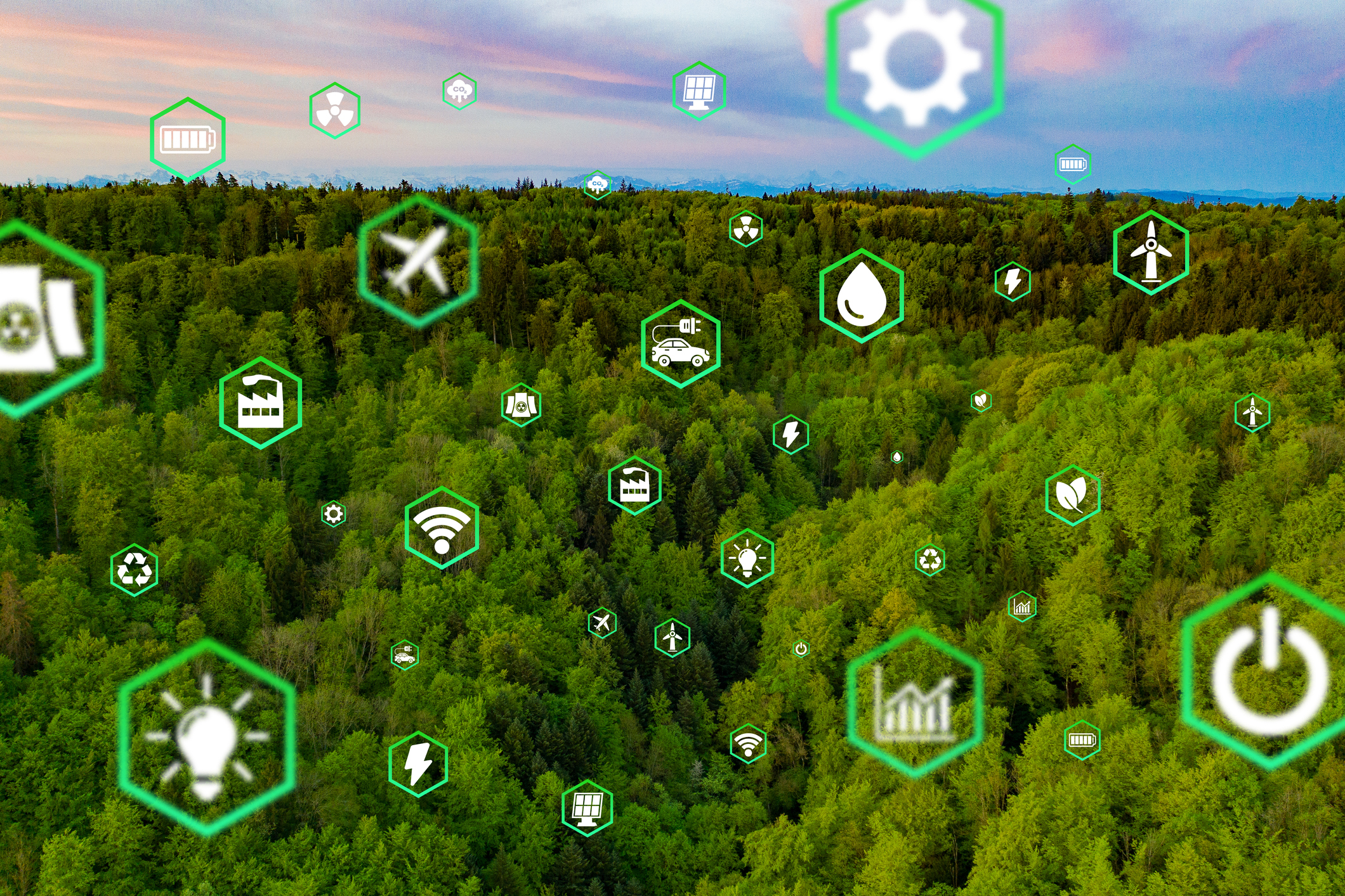 Icons of ecology on the background of deciduous leafy forest or blue ocean. Concept of environmental protection, renewable energy sources, bio-energy, green tech. SDGs. ESG.