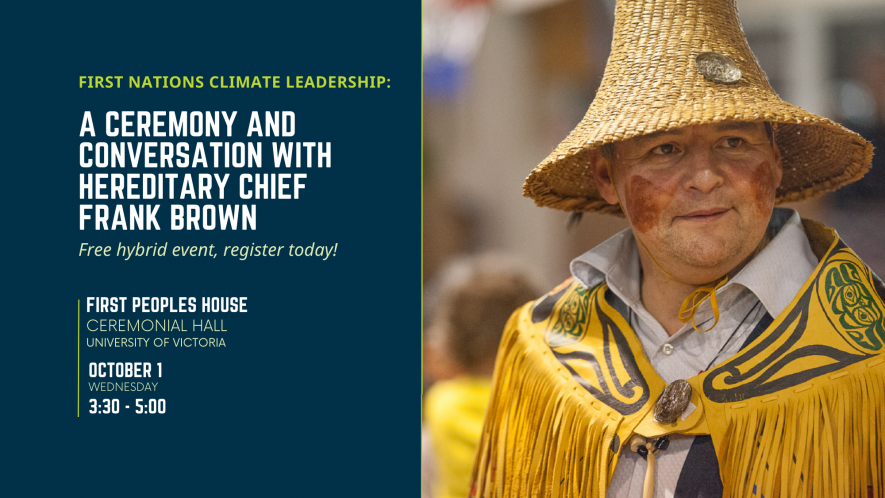 Heiltsuk Hereditary Chief Frank Brown is shown in his potluck regalia. The rest of the image has the details of the event, also shared in the text below.