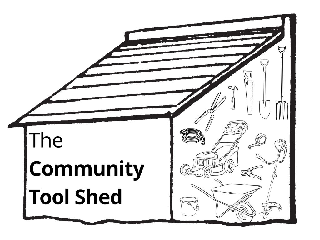 Graphic of a 'community tool shed', with a shed icon and sketches of example tools such as a lawn mower inside the shed graphic.