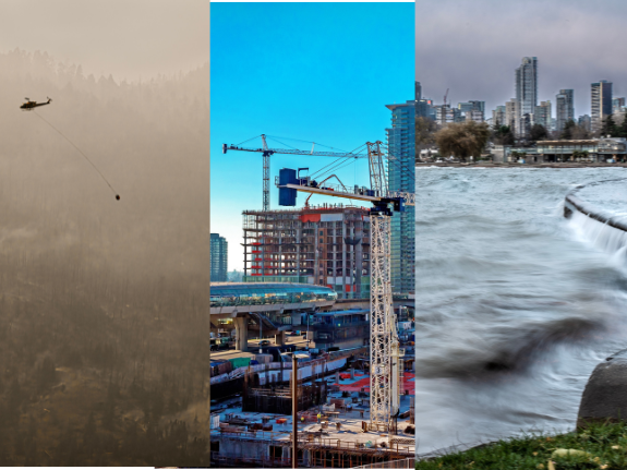 A triptych of photos showing a helicopter battling forest fire; a high rise under construction; and water tranquilly flowing into the sea near a city.