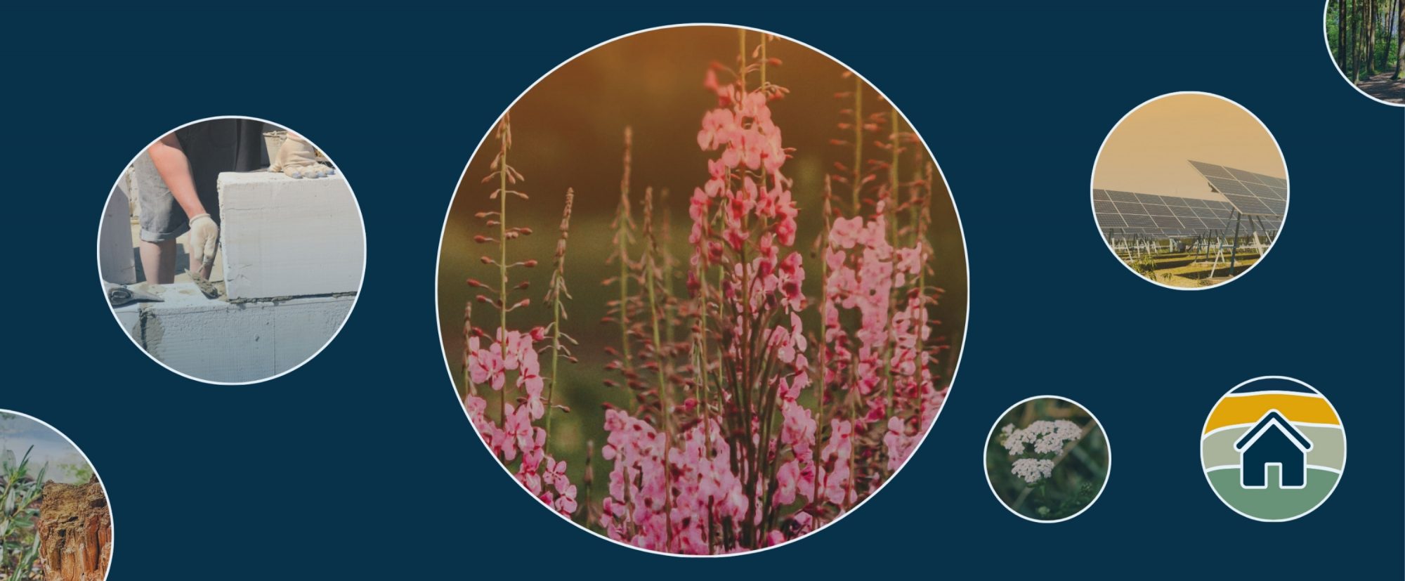cover image for the building rural and remote community climate resilience community fire handbook. Circular image of fireweed in the centre, with smaller circles of other images related to the project, such as an AAC block, a forest, and a solar panels, surrounding the focal image.