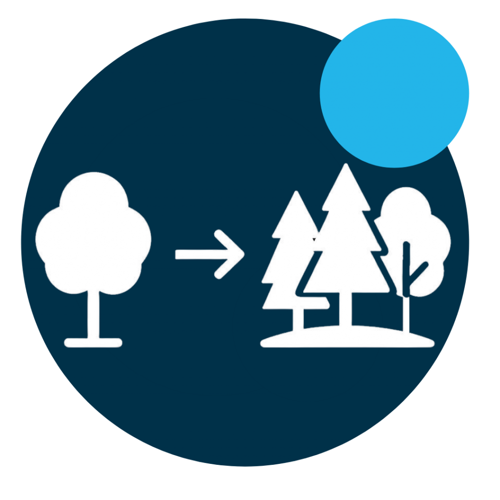 White tree icon transitioning into a group of diverse trees on a cobalt blue circle background, representing a shift from asset condition to service continuity in infrastructure planning.