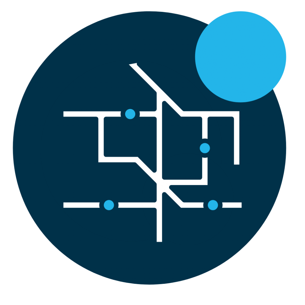 White network lines with intersecting circles on a cobalt blue circular background, symbolizing interconnected infrastructure systems and shared data.