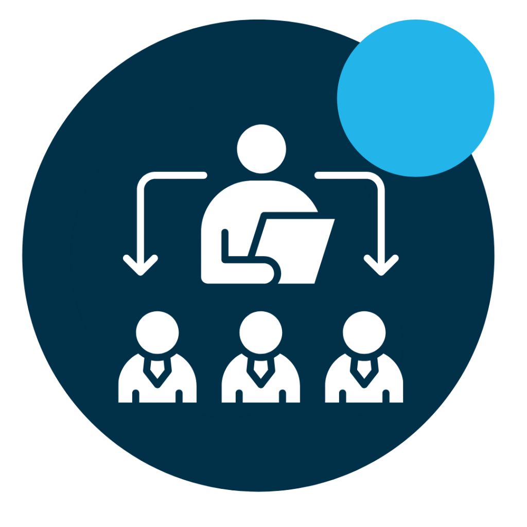 White icon of a person holding a clipboard with arrows pointing toward three smaller figures below, set on a cobalt blue circle background. The graphic illustrates clear leadership and coordination across sectors to manage infrastructure risks when extreme weather and climate threats span multiple owners and jurisdictions, strengthening system-level climate resilience.