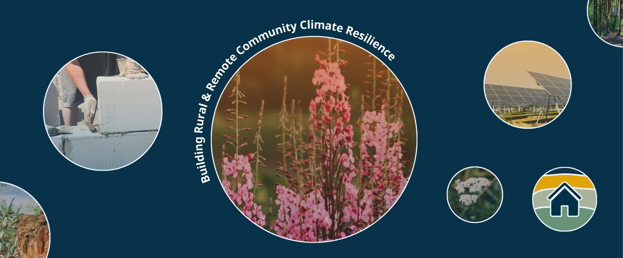 cover image for the building rural and remote community climate resilience community fire handbook. Circular image of fireweed in the centre, with smaller circles of other images related to the project, such as an AAC block, a forest, and a solar panels, surrounding the focal image.