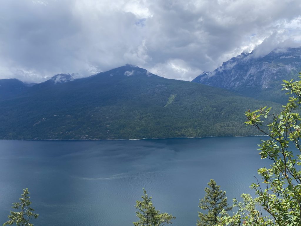 Landscape view of the Kootenay Boundary region in British Columbia from a scenic lookout.
