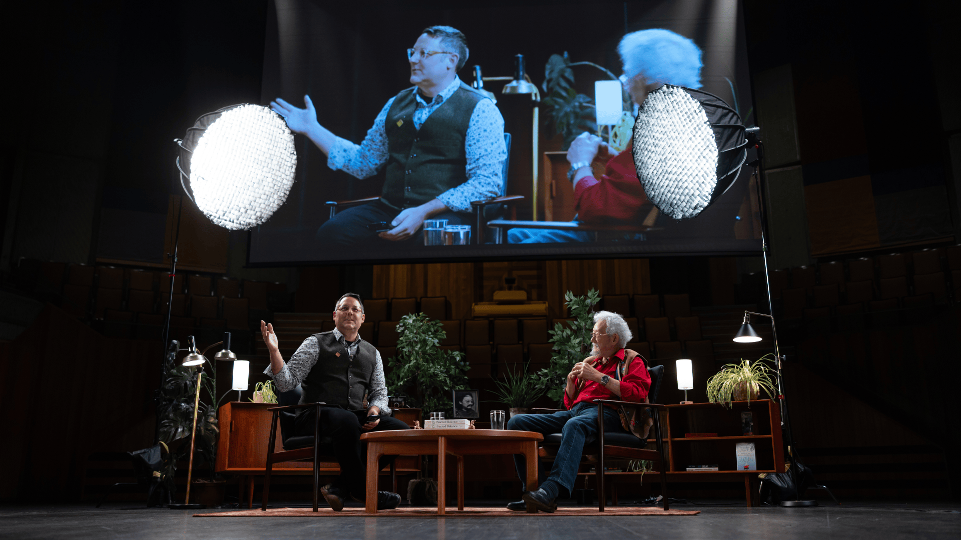 PICS Executive Director Ian Mauro and Dr. DAvid Suzuki converse on stage at the University of Victoria.