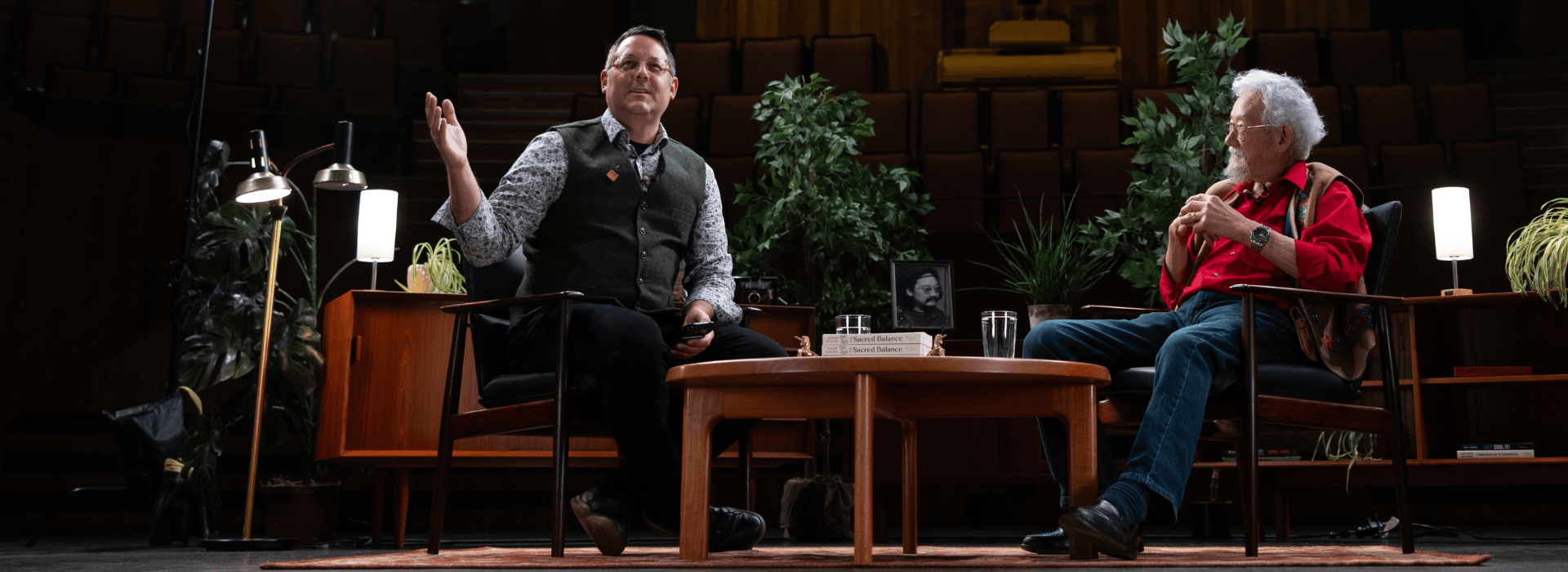 Ian Mauro, left, and David Suzuki, in conversation on stage
