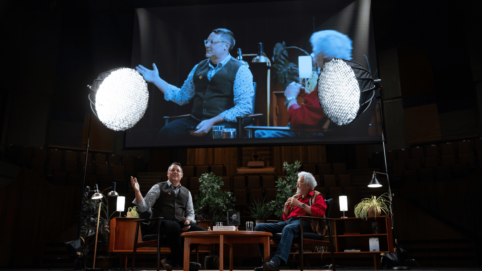 Ian Mauro, left, and David Suzuki, in conversation on stage