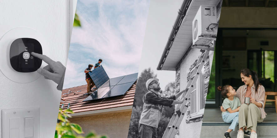Policy Spark research grants for climate policy. A series of photos show a smart thermostat, workers installing solar panels, a worker installing a heat pump, and a woman and a child sitting on a front stoop.