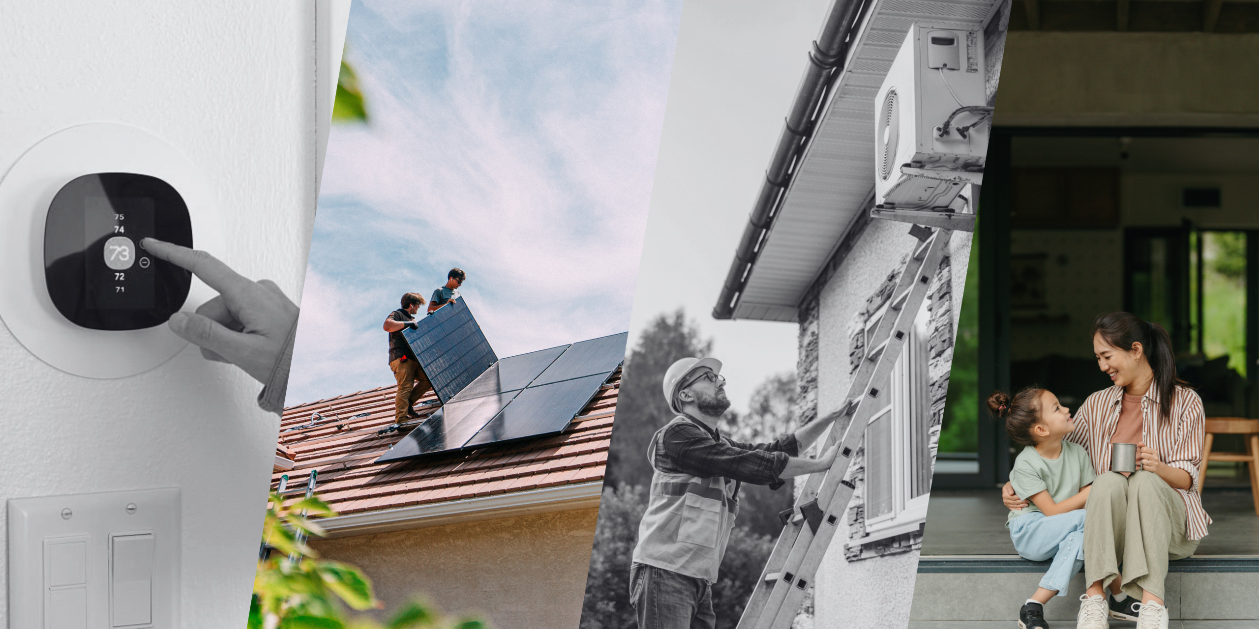 Policy Spark research grants for climate policy. A series of photos show a smart thermostat, workers installing solar panels, a worker installing a heat pump, and a woman and a child sitting on a front stoop.