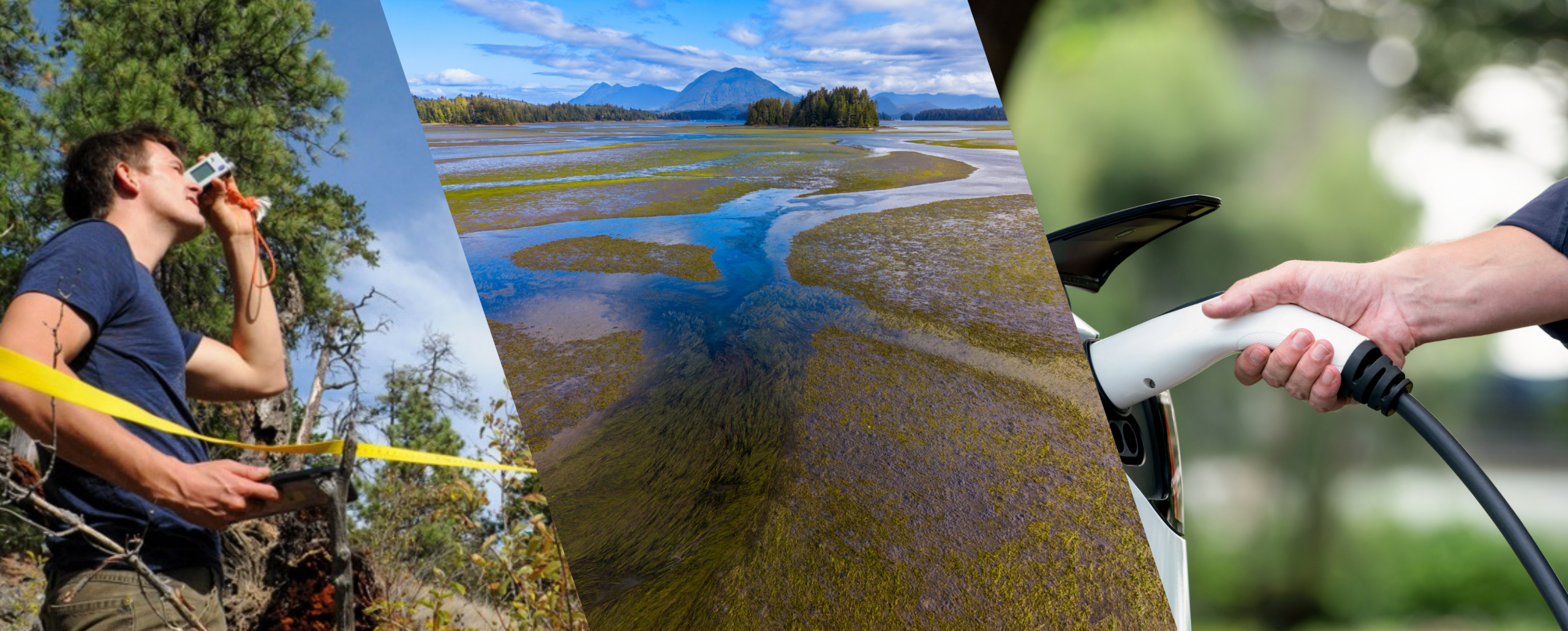 A series of three images: a surveyor in forest, a river marsh in Tofino, and a hand plugging in an electric vehicle